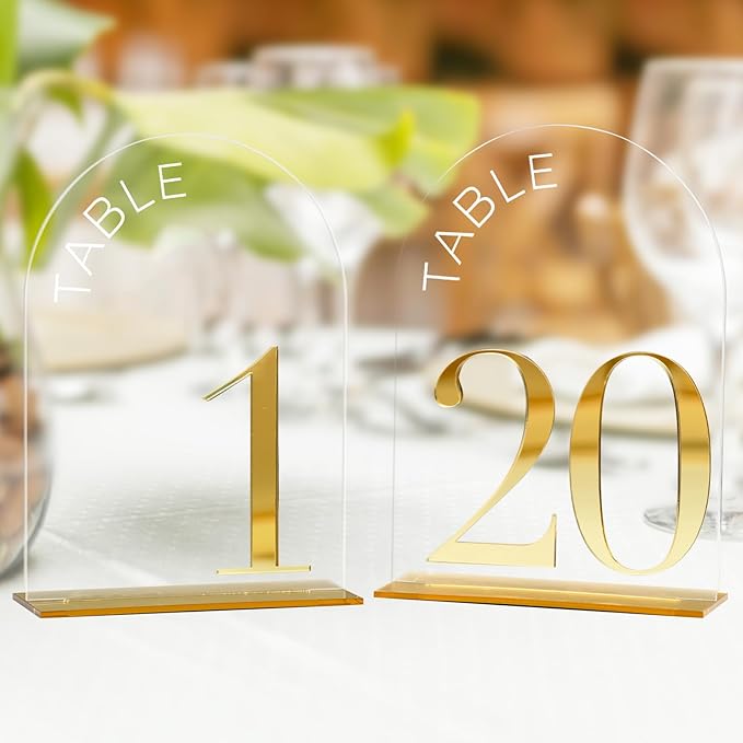 Arch Wedding Table Numbers 1-20 with Stand, 20 Pack 5x7 Inch Clear Arch Acrylic Sign with Gold Number, Clear and Gold Acrylic Table Numbers for Wedding Reception