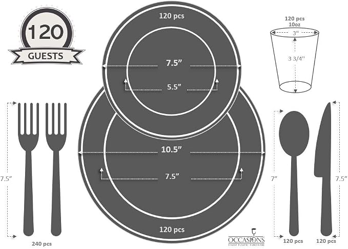 " OCCASIONS " 960pcs set (120 Guests)-Heavyweight Wedding Party Disposable Plastic Plate Set -120 x 10.5'' + 120 x 7.5'' + Silverware + Cups +linen like paper Napkins (Plain Ivory)