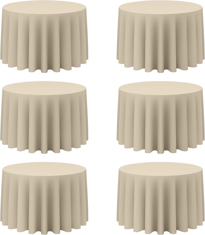 BRILLMAX 6 Pack Beige Round Tablecloths 108 Inch for 48” Tables - 150 GSM Polyester Fabric, Floor Length Drop, Water, Stain & Wrinkle Resistant Cloth Cover for Wedding Reception Banquet Dining