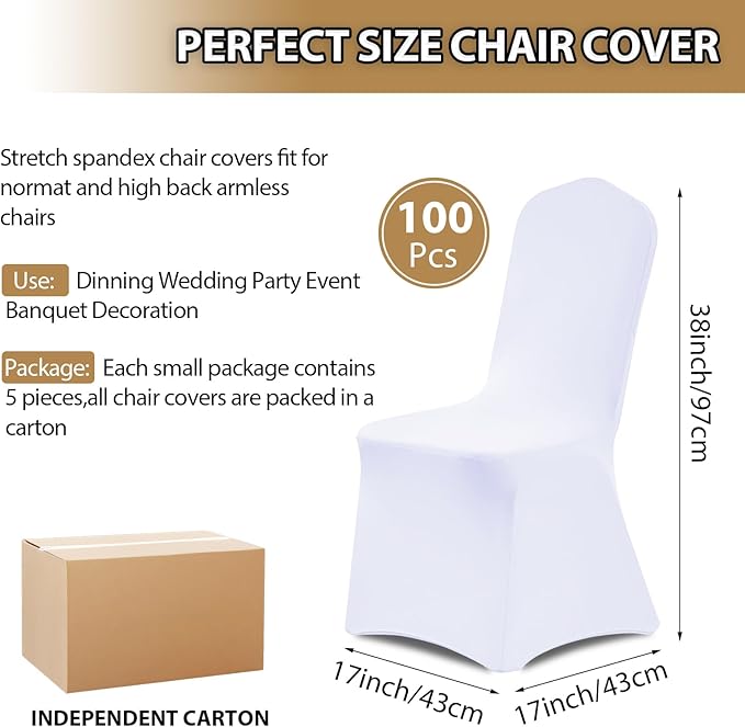 Asnomy Chair Covers Stretch Spandex Chair Covers Universal Fitted Chair Cover Protector for Wedding,Party,Dining and Banquet（White, 100 PCS