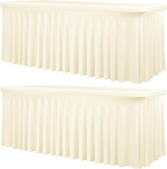 2 Packs Ivory Stretch Table Skirts for 6 Foot Rectangle Table, Washable Spandex Stretch Tablecloths with Skirt, Wrinkle Resistant Fitted Tablecover for Wedding Party Banquet