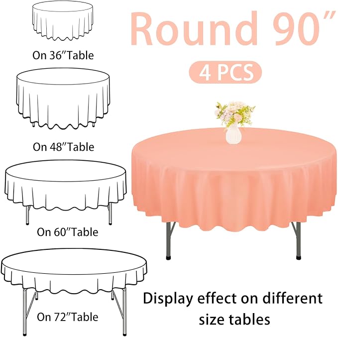 4 Pack 90 Inch Round Tablecloth Polyester Washable Table Covers for Wedding Dining Table Buffet Parties Banquet Decor（Peach Coral）