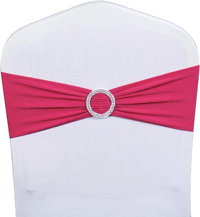 Pack of 100 Wedding Hot Pink Chair Sashes Spandex Fuchsia Chair Sash Bands with Silver Buckle, Elastic Chair Bows for Weddings Party Birthday Baby Shower Events Decorations