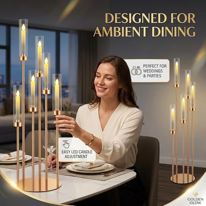 2pcs 42.5in Gold Floor Candelabra 5 Arm Gold Candelabra with Glass Shades Candle Holders,Elegant Metal Candlestick Stand for Perfect for Wedding Dining Room Living Room Event Decor