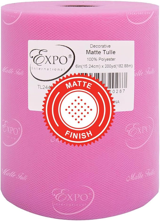 Expo International Decorative Matte Tulle, Roll/Spool of 6” X 200 Yards, Lightweight Polyester Tulle Fabric for Tutus, Costumes, and Party Decorations, Washable, Easy-to-Use, Pink