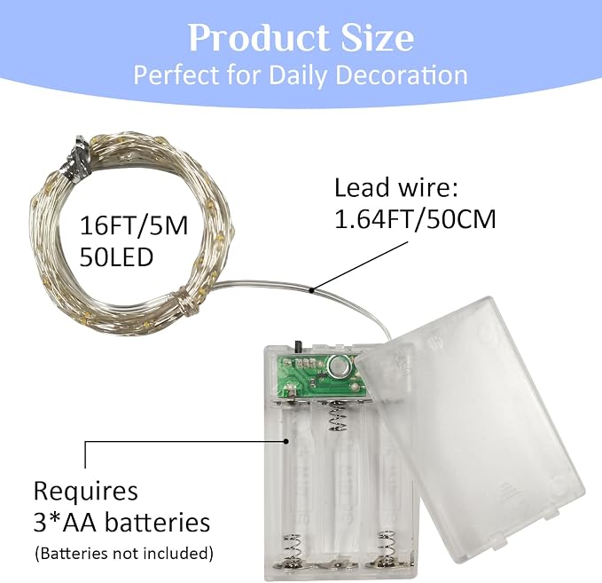 QITONG White Fairy Lights Battery Operated, 6 Pack Each 16ft 50 LED Outdoor String Lights, Silver Wire Mini Twinkle Light Indoor