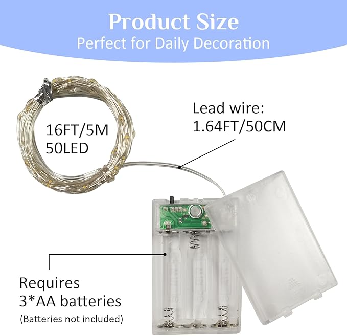 QITONG White Fairy Lights Battery Operated, 4 Pack Each 16ft 50 LED Outdoor Christmas String Lights, Silver Wire Mini Twinkle Light Indoor
