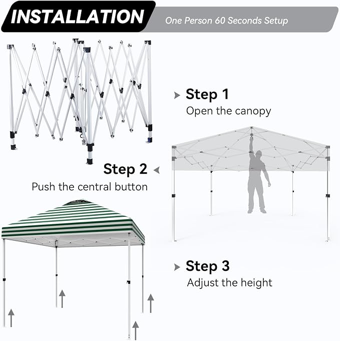Nazhura 10' x 10' Pop Up Canopy with Sand Weight Bag, Awing for Patio, Freestanding Sun Shelter for Picnic and Camping, One Person Setup, White (Green Stripe)