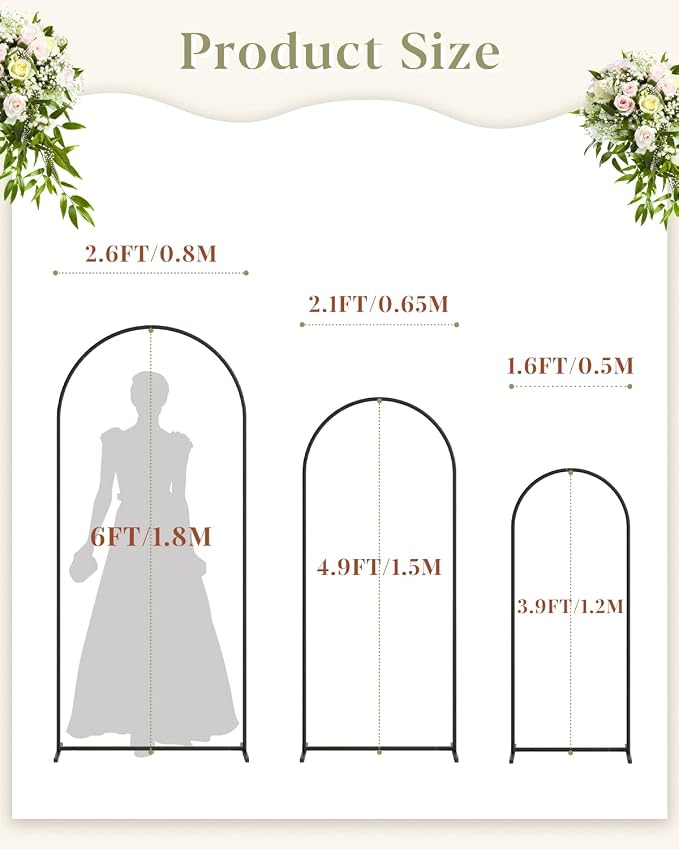 Wedding Arch, Metal Arch Backdrop Stand, Balloon Arch Stand Wedding Frame for Ceremony Decoration (Black, 6FT, 5FT, 4FT Arch Backdrop)
