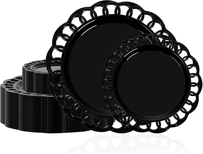 COLOSUS 60pcs Black Plastic Plates Set,Fancy Baroque Plates,Elegant Lace Rim Disposable Plates,Plastic Plate for Party include 30 Dinner plates and 30 Dessert plates for New Year,Party,Wedding