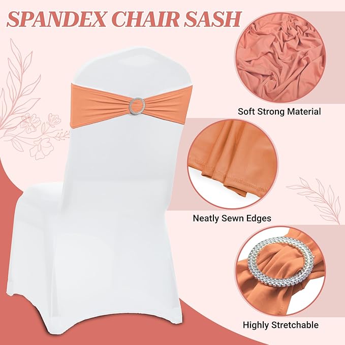 VDS - Peach | Spandex Chair Sashes Bows | 100 PCS | Stretch Elastic Banquet Universal Folding Chair Band Tie with Silver Buckle Slider for Wedding Party Conference Celebration Event Decoration