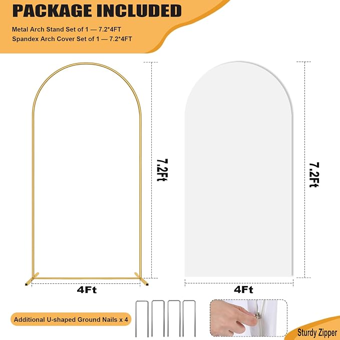 7.2FT Arch Backdrop Stand and Cover Set, Metal Arch Stand & Cover with Ground Nails White Spandex Fitted Arch Covers Stretchy Backdrop with Zipper for Wedding Birthday Party Baby Shower Banquet