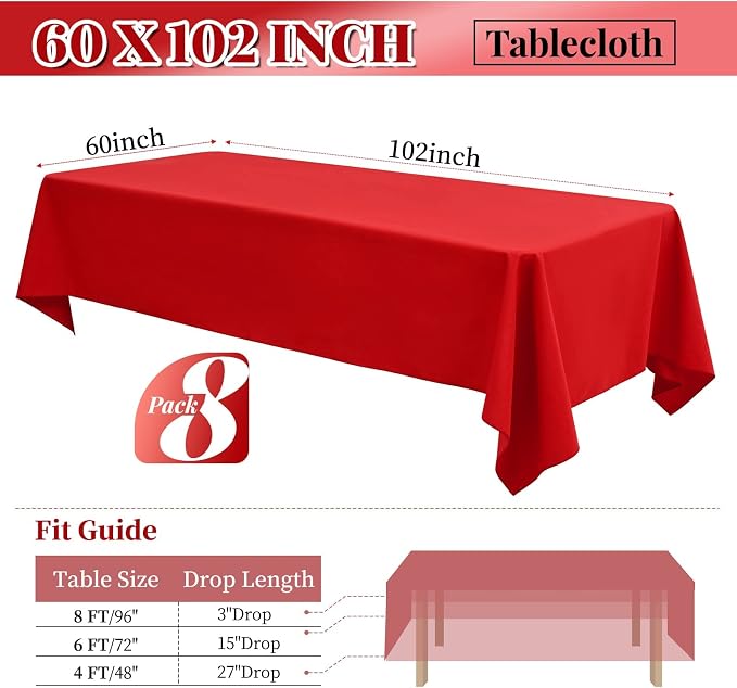 8 Packs Red Rectangle Tablecloth - 60 x 102 Inch, Premium Polyester Table Cloth for 6 Foot Rectangle Tables, Washable Fabric Table Covers for Wedding, Party, Banquet, Dining