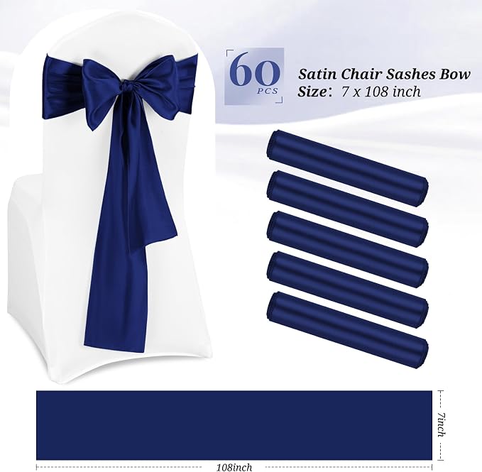 Pesonlook 60 PCS Navy Blue Satin Chair Sashes Bows Satin Chair Sashes Universal Chair Cover for Wedding Reception Restaurant Event Decoration Banquet,Party,Hotel Event Decorations (7 x 108 inch)