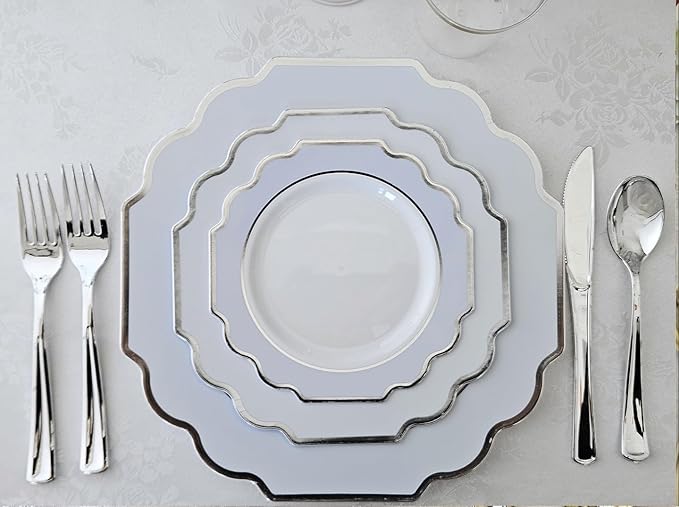 OCCASIONS 240 Heavyweight Disposable Plastic Plates (120 Guests) - Fancy Wedding Party Dinnerware, 120 Each 10.5" Dinner & 8" Dessert (Imperial in White/Blue & Silver)