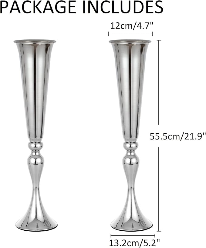 Metal Trumpet Vases for Centerpieces - Set of 2 Elegant Silver Vases for Table, 21.9" Tall Flower Stands for Table Centerpieces Anniversary Celebration Christmas Event Party Home Wedding Decorations