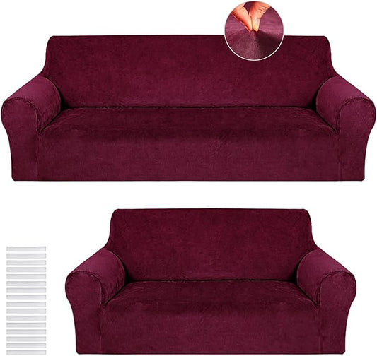 Peryiter 2 Pcs Sofa Covers Couch and Loveseat Covers Set Stretch Sofa Slipcover for Living Room Armchair Furniture Protector, Wrinkle Proof(Burgundy,Velvet)