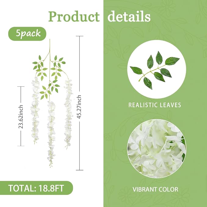 5 Pack White Green Wisteria Hanging Flowers Garland, 3.77 Feet Artificial Flower Vines, Fake Wisteria, Artificial Vines Hanging Garland for Backdrop Outdoor Yard Garden Decor