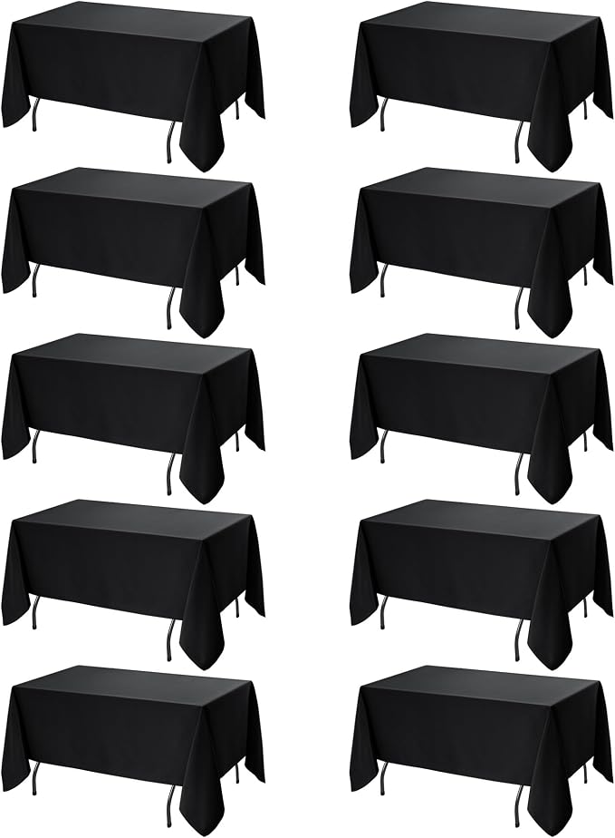 10-Pack Black Tablecloths for Rectangle Tables, 70 x 108 Inches, Stain-Resistant Polyester Fabric for 6 Foot Tables - Washable Table Covers for Weddings, Banquets, Birthday Parties, Events