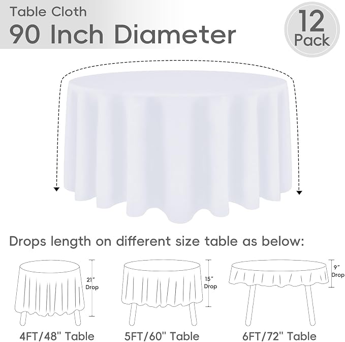 12 Pack Round Tablecloth 90 Inch Cloth White Tablecloth for Round Tables, Washable Polyester Table Cloth Stain and Wrinkle Resistant Decorative Table Cover for Wedding Party Dining Banquet