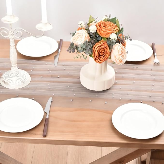 Gray Pearl Table Runner Boho Rustic Tulle Lace Dining Baby Shower Wedding Arch Decor Veil Dessert Holiday Centerpiece Table Decor 3pcs