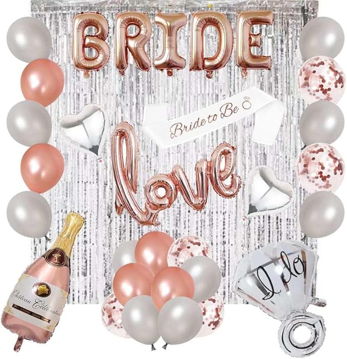 Bachelorettesy 28pc Bachelorette Party Decorations Kit for Bride to Be, Bridal Shower Decorations, Engagement Party – Balloons, Sash, Foil Backdrop Curtain (Rose Gold Silver)