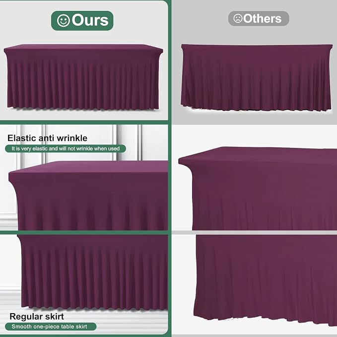 BDDC One-Piece Spandex Table Cover Skirt for 8FT Rectangle Tables | GRS-Certified Eco-Friendly Fabric, Elastic Fitted Ruffle Tablecloth, Washable, For Banquets, Weddings & Parties