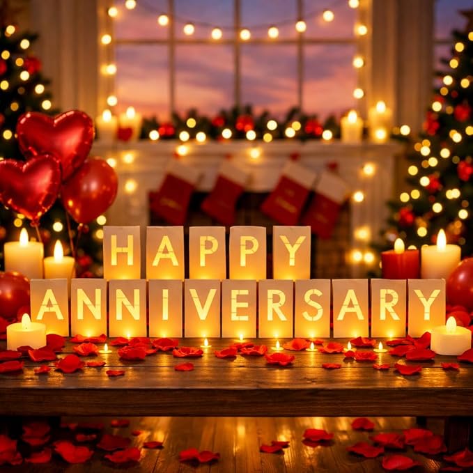 Happy Anniversary Light Up Letters, Include Light up Letters, with Tea Lights Candles, Latex Balloons, Aluminum Balloons and Rose Petals, Anniversary and Valentines' Day Decorations