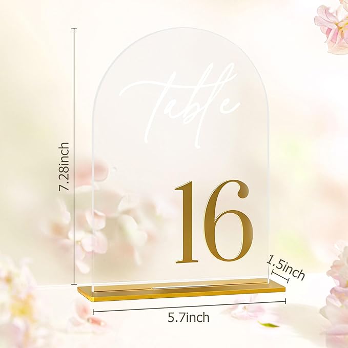 Arch Wedding Table Numbers 1-25 with Stands,5 x 8 Inch Transparent Acrylic Reception Table Signs Golden Letters,Perfect for Wedding Receptions, Parties, Anniversaries, and Events (1-25 golden)