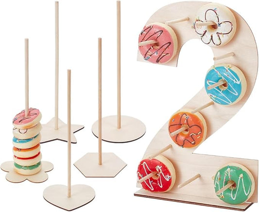 UNICRAFTALE 6 Set 6 Styles Donut Stand Set Wood Bagel Holder Stand Donut Tower Stand For Party Supplies 1 Digit Donut Wall Display Stand With 5 Doughnut Wall For Dessert Table Birthday Wedding Party