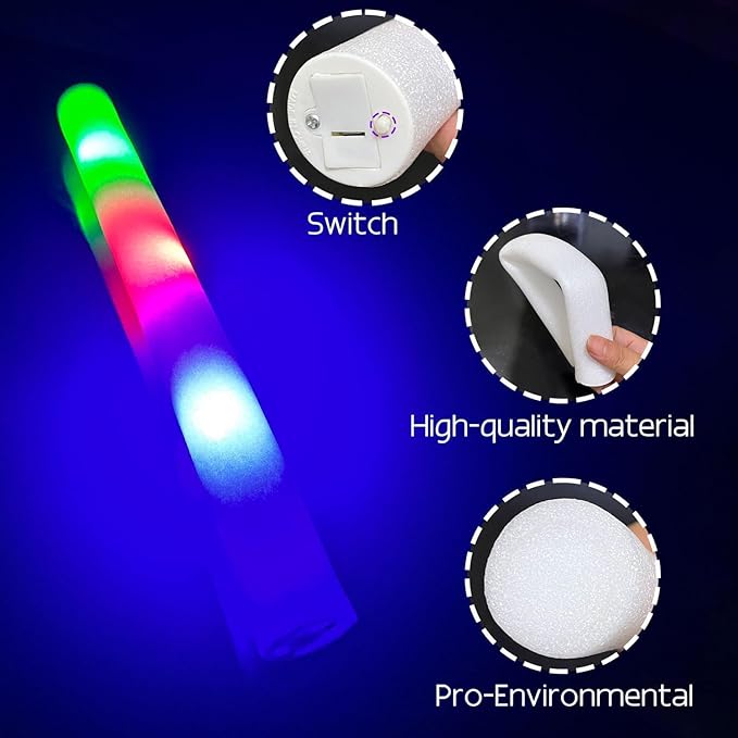 68 Pack LED Foam glow sticks, glow sticks for wedding with 3 Modes Colorful Flashing, Glow Stick Bulk Party Pack for Wedding, Raves, Concert,Camping, Sporting Events, Pool Party