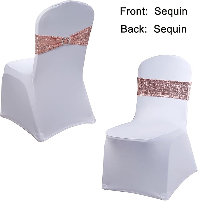 Sequin Rose Gold Chair Sashes 100 Pack, Pink Gold Sequin Chair Bows for Party Folding Chairs Decorations, Chairs Bands with Buckles for Wedding Fiestas Birthday Engagement Christmas Decor