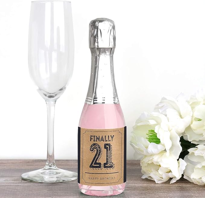 Big Dot of Happiness Finally 21-21st Birthday - Mini Wine and Champagne Bottle Label Stickers - Birthday Party Favor Gift for Women and Men - Set of 16