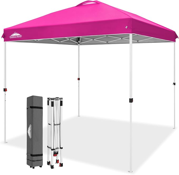 EAGLE PEAK Pop Up Canopy Tent with Wheeled Carry Bag, 8 Stakes, 4 Ropes, Easy Set Up Tent Canopy, 8x8 ft, Pink
