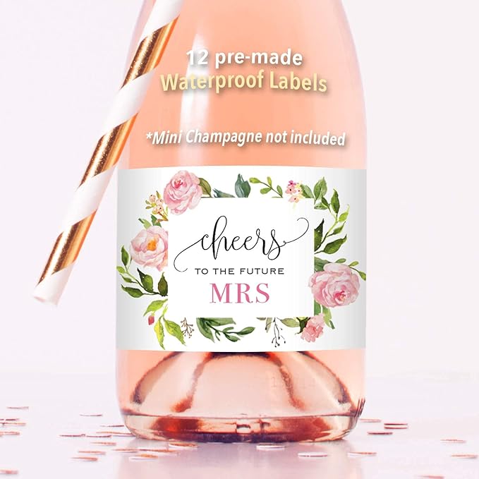 Cheers to the Future Mrs. - 12 Mini Champagne Bottle Labels, Waterproof Mini Wine Bottle Labels for Bridal Shower Bachelorette Party (Pink Floral, 12 Mini Bottle Labels)