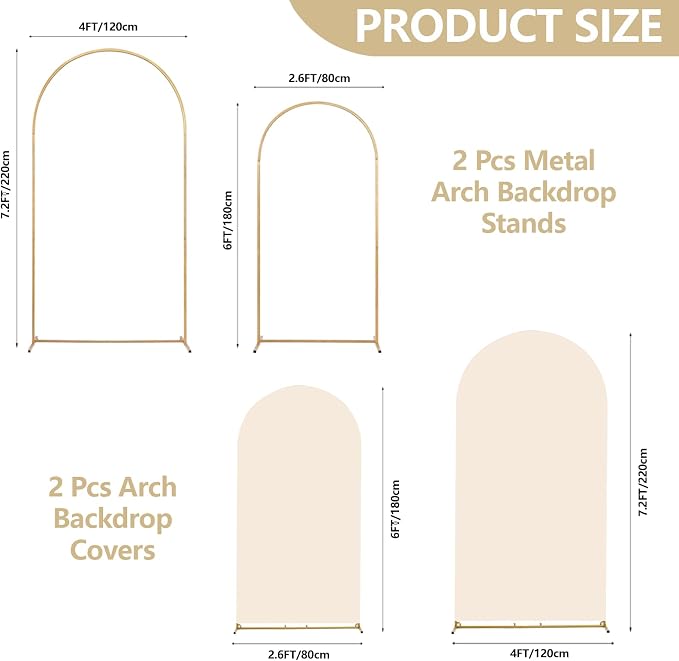 SuuWoee Arch Backdrop Stand Set of 2 With Beige Cover (7.2FT+6FT),Gold Metal Wedding Arch Balloon Stand With Cover for Birthday Party Baby Shower Graduation Ceremony Decoration