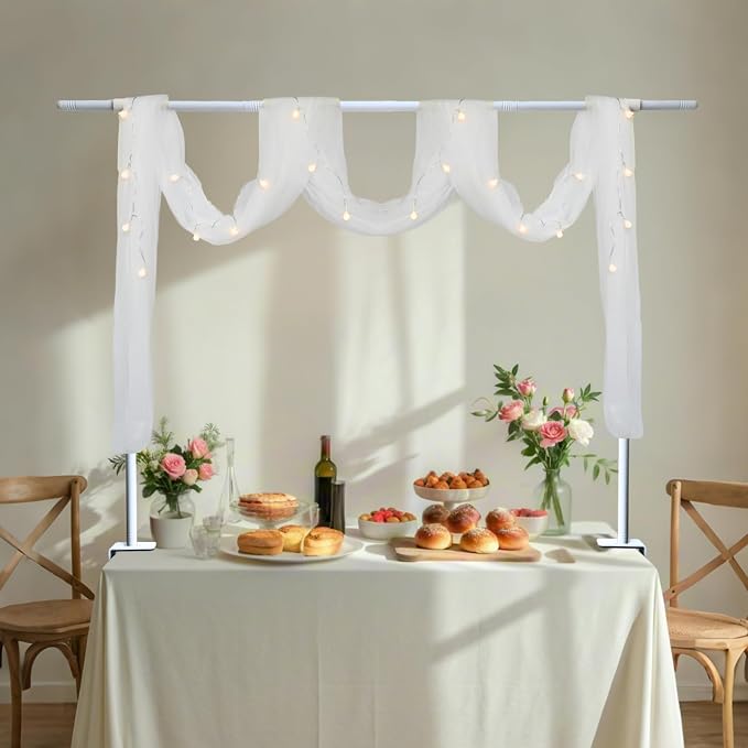 Beyeutao Table Rod Stand with Clamps H16-45’’ L16-87’’ Adjustable Over The Table Rod Stand with White Mesh Curtain Table Arch Balloon Arch Stand for Wedding Birthday Christmas Party