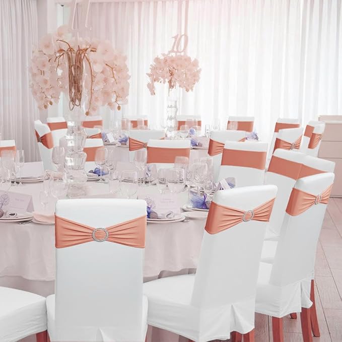 MDS Pack of 100 Spandex Chair Sashes Bow Premium Stretch Chair Cover Band with Buckle Slider Universal fits Elastic Dining Chair Ties for Wedding Party Banquet Events Decoration - Coral Peach