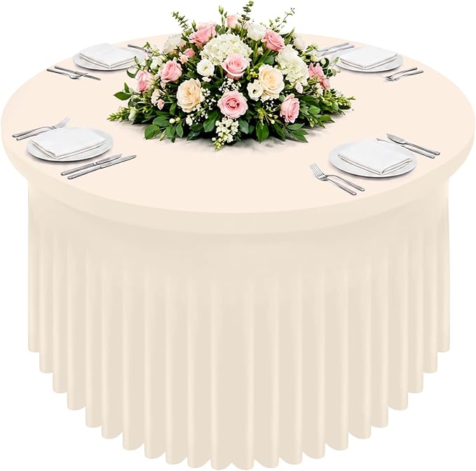 Smiry Round Spandex Tablecloth, Elastic Fitted Washable Tablecloths for 60 Round Tables, Waterpoof Stretch Table Cover Skirt for Outdoor, Wedding, Banquet & Parties, Beige