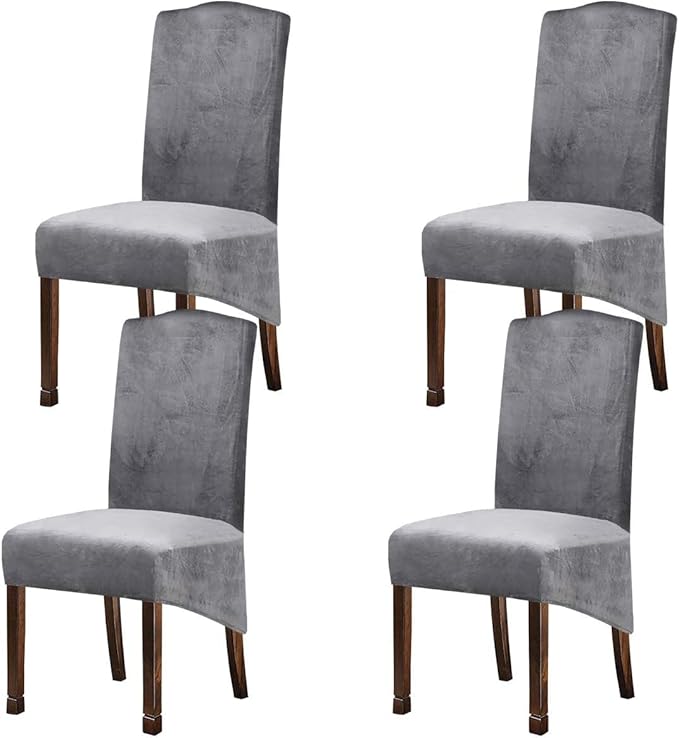 Velvet Plush XL Dining Chair Covers, Stretch Chaircover, Spandex High Chairs Protector Covers Seat Slipcover with Elastic Band for Dining Room,Wedding, Ceremony, Banquet (Silver Grey, Set of 4)