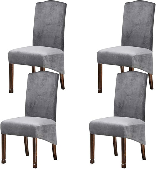 Velvet Plush XL Dining Chair Covers, Stretch Chaircover, Spandex High Chairs Protector Covers Seat Slipcover with Elastic Band for Dining Room,Wedding, Ceremony, Banquet (Silver Grey, Set of 4)