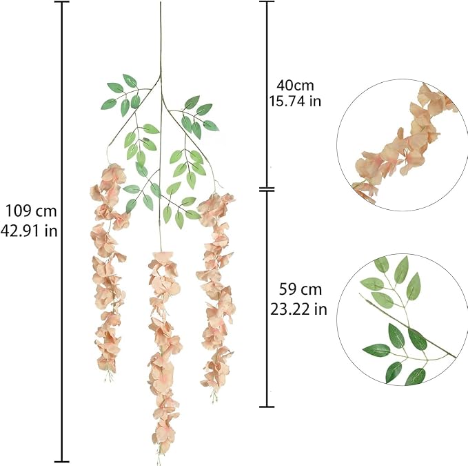 12Pack Wisteria Hanging Flowers 3.6ft Fake Flower Garland Faux Wisteria Vines Champagne Artificial Silk Flowers Bushy Rattan String for Garden Home Wall Wedding Decorations (Champagne)