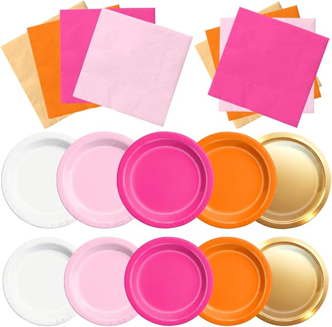 CMUSKO Pink and Orange Party Decorations - 150Pcs Sunset Tropical Plates and Napkins Pink Pumpkin Halloween Tableware Serves 50 for Birthday,Baby Shower, Bachelorette Party