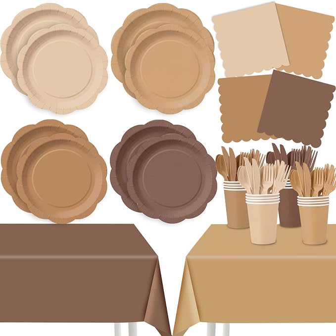 Ceenna 390 Pcs Brown Party Decoration for 48 Guests, Gradient Brown Beige Paper Plates Napkins Cups Tablecloth Cutlery Disposable Tableware Set for Boho Birthday Baby Shower Wedding Party Supply