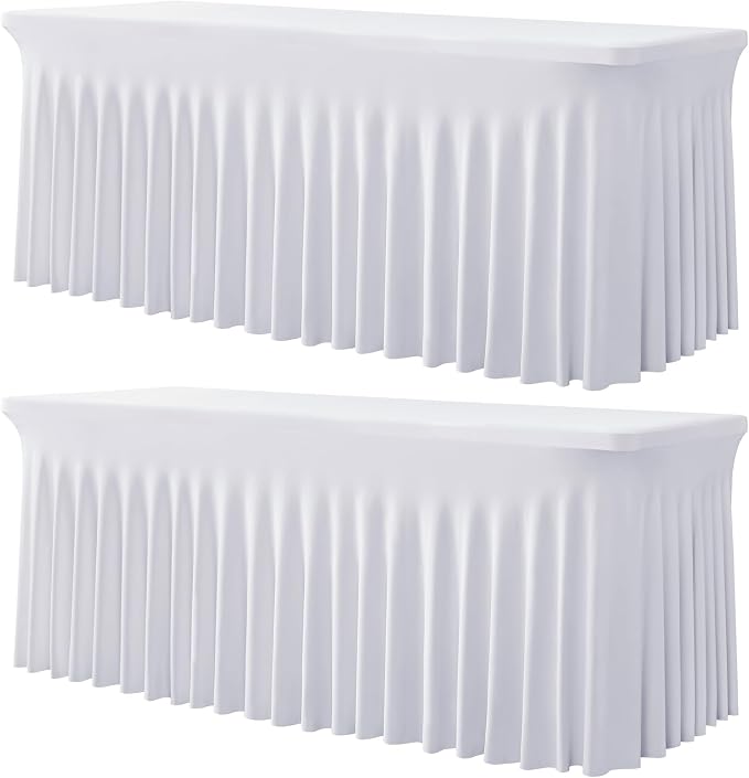 2 Pack White Spandex Tablecloths for 4 ft Rectangle Tables, Stretch Table Cloths 4 Foot Fitted Table Cover with Skirt for Parties Weddings Birthday Banquet Baby Shower