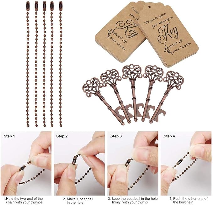 100 PCS Wedding Favors/ Party Favors Key Bottle Opener,Vintage Skeleton Key Bottle Openers with Escort Tag Cards and Key Chains(Red Copper)