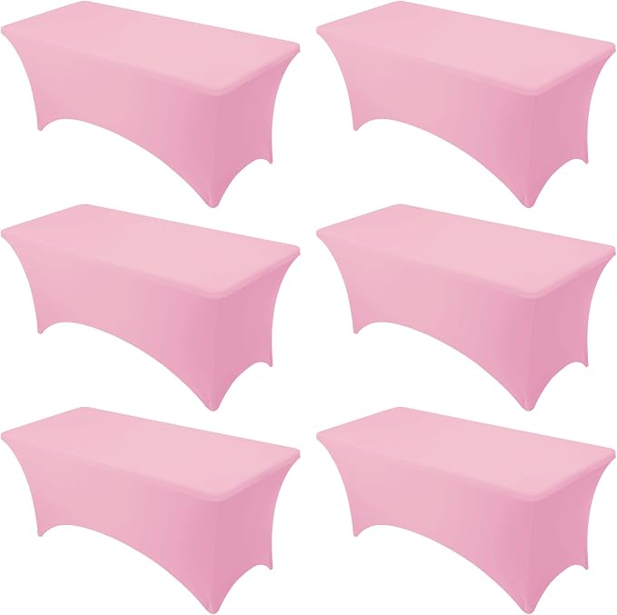 6-Pack Premium Pink Spandex Tablecloths for 6ft Rectangle Tables, Stain & Wrinkle-Resistant, Washable Stretch Polyester Fitted Table Cover for Weddings, Banquets, Trade Shows Events