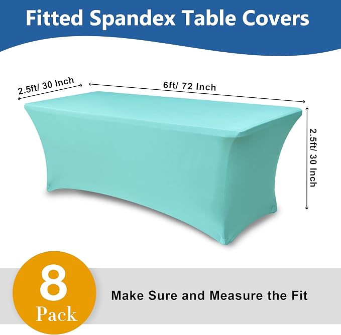 Fitted Stretch Table Cover for 6 foot Rectangle Tables-8 Pack Aqua Blue Spandex Tablecloth-Elastic Folding Tablecloths for Party, Vendor Booth Display, Banquet Buffet Event, Craft Trade Show
