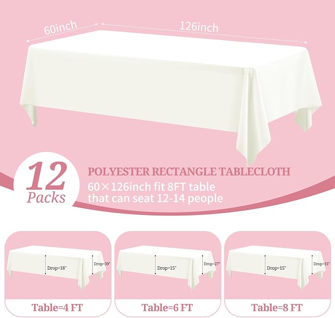 Pesonlook 12 Pack Ivory Tablecloth-60 x 126 Inch Ivory Rectangle Tablecloth for 8 Feet Rectangular Tables,Washable Fabric Table Cover for Wedding/Buffet Party/Dining Table/Events