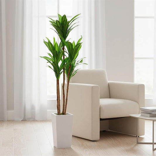 Artificial Plant 4.8FT Faux Dracaena Tree, Fake Potted Yucca Tree with Wood Trunk & White Tall Planter, Indoor Tropical Floor Plant Decorative Evergreen for Living Room Entryway Porch Office